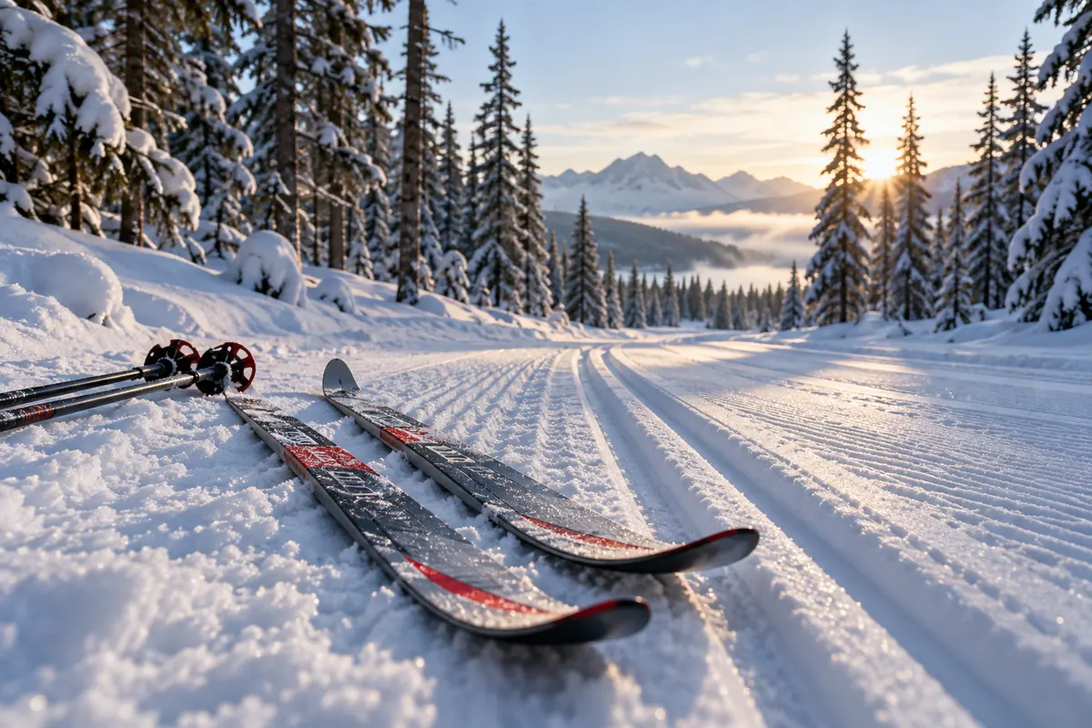 Photo d’ambiance : skis alpins, de fond, de randonnée et freestyle, bâtons et fixations